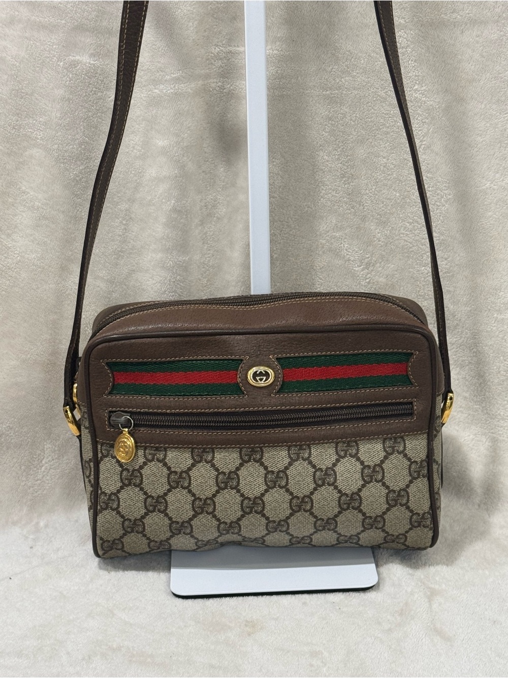 Gucci Brown GG Supreme Crossbody with Green-Red Web Stripe